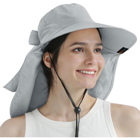 SUN CUBE Wide Brim Sun Hat with Neck Flap, UPF50+ Hiking Safari Fishing Hat  for Womens, Sun Protection Beach Hat (Light Grey with Bow)