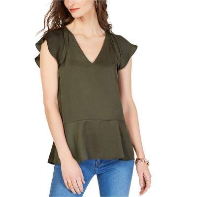 Michael Kors Womens Flutter-Sleeve Ruffled Blouse, Green, XX-Small