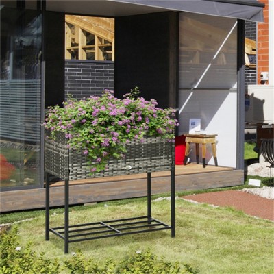 YONWAY Raised Garden Bed, Elevated Planter Box with Rattan Wicker Look, Tool Storage Shelf for Herbs, Vegetables, Flowers