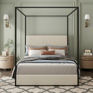 Polibi Modern Luxury Metal Canopy Bed with Corduroy Upholstered Tall Headboard - 1 of 4