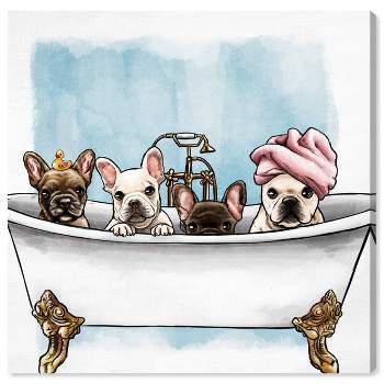 12" x 12" Frenchies In The Tub Animals Unframed Canvas Wall Art in White - Oliver Gal