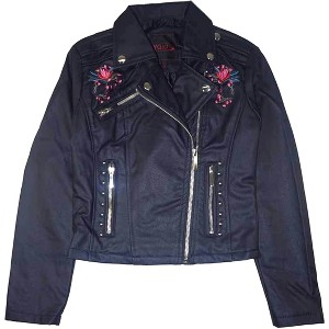 Yoki Big Girls' Floral Embroidered Design PU Faux Leather Jackets - 1 of 4