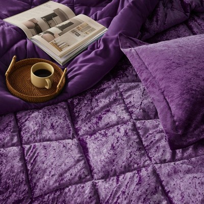 Luxurious Full/Queen Purple Velvet Quilted Comforter Set with Decorative Pillow