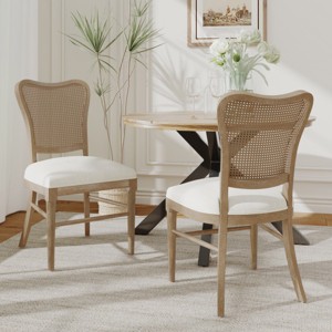 Vintage Rattan Back Dining Chair Set of 2 with Beige Upholstered Seat & Rubberwood Frame for Dining Room-Baofuwish - 1 of 4