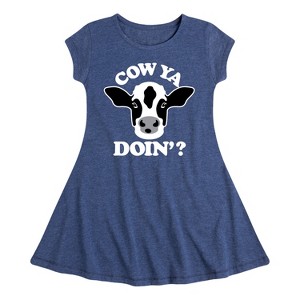 Girls' - Instant Message - Cow Ya Doin Fit & Flair Cap Sleeve Graphic Dress - 1 of 4