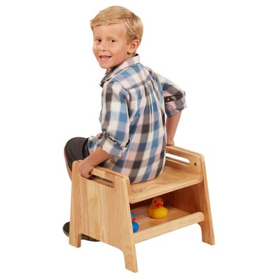 Natural Rubberwood Rolling Sit or Step Stool with Storage