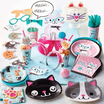 Serves 16 Includes 7” Paper Plates & Beverage Napkins Plus 24 Birthday Candles Pink Cat Birthday Party Pack 