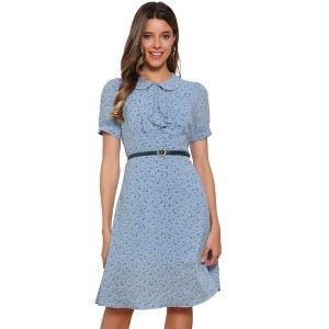 INSPIRE CHIC Women's Peter Pan Collar Tie Neck Short Sleeve A-Line Elegant Belted Floral Dress - 1 of 4