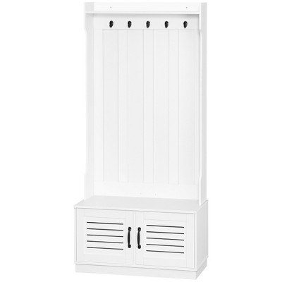 Vynxaria Stand Alone White Modern Coat Rack: 5 Hooks, Shoe Stool, Storage Shelf, Slatted Door Cabinet, Perfect for Entrance Porches
