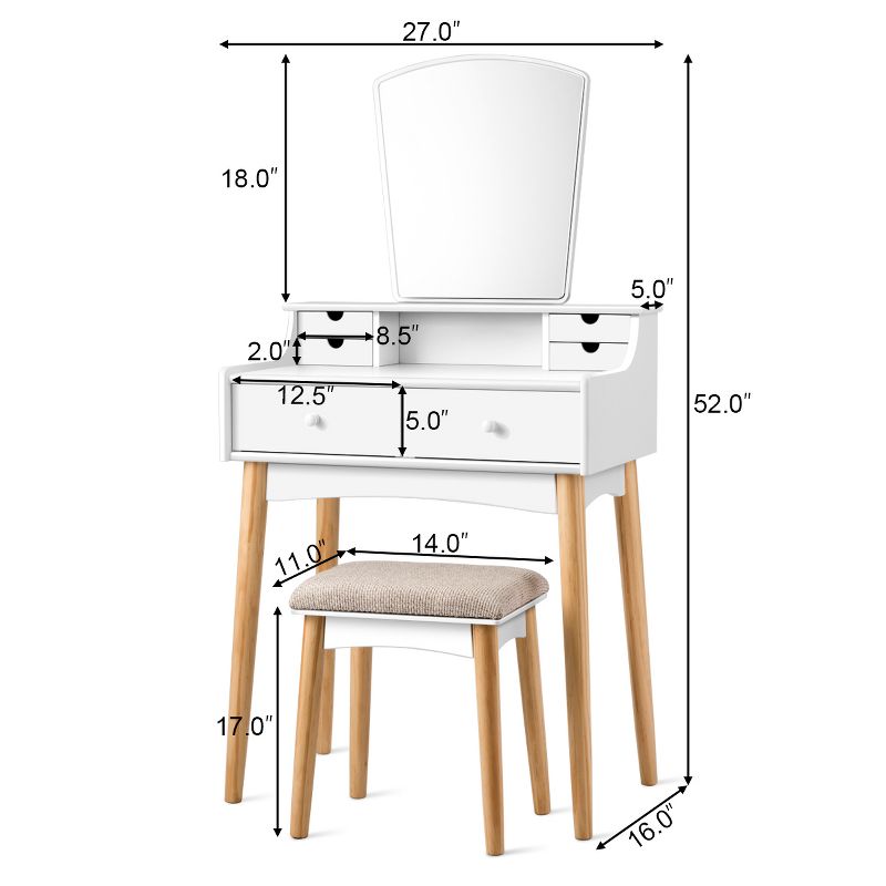 Tangkula 6 Drawer Vanity Mirror Beauty Dressing Table Set w/ Cushioned Seat Modern White, 3 of 7