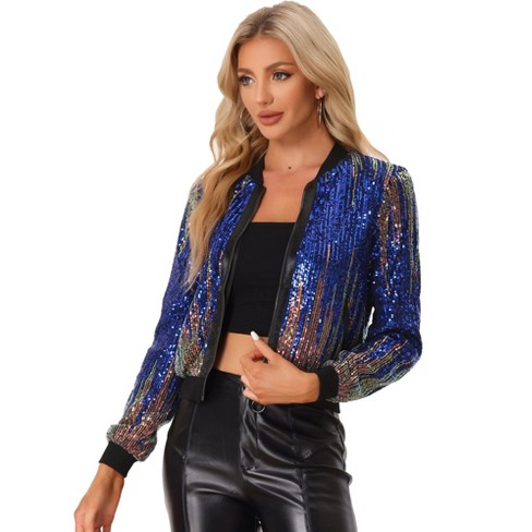 Allegra K Women's Sequin Long Sleeve Zipper Front Sparkle Bomber Jackets  Blue Large