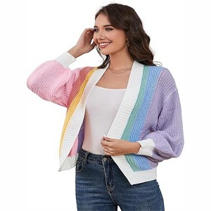 Clearlove Women's Colorblock Ribbed Knit Cropped Cardigan Long Sleeve Open Front Button Up Lightweight Layering Piece - 1 of 4