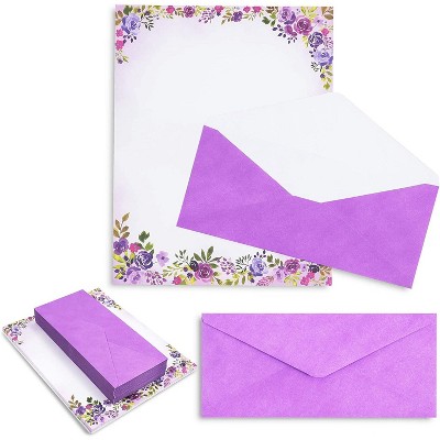 48 Pack Purple Watercolor Floral Stationery Paper and Envelopes Set, 8.5" x 11"