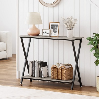 Console Table, Black Sofa Tables Narrow Entryway Table with Storage Shelf and Metal Frame