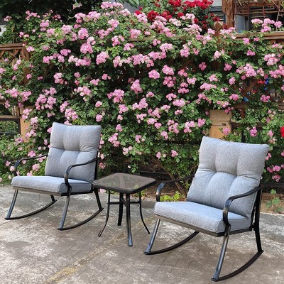 Modern Accent 2 Seater Rocker Teapoy Set Of 3, Upholstered Rocker Armchair, Patio Furniture Porch Chairs, Soft Cushions Rocker