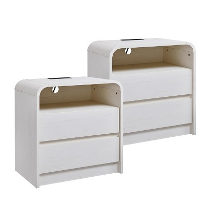 APRILSOUL 25" Tall Modern Nightstand Set of 2, 23.6'' Wide Wood Bedside Table with 2 Storage Drawers, Charging Station, Curved Profile Design