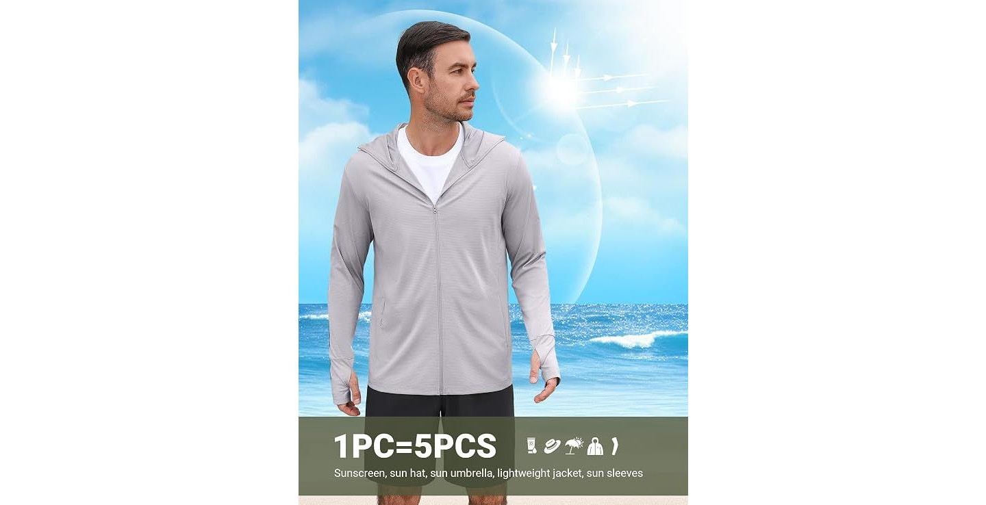 Мужские худи COOFANDY Men UV Jacket Sun Protection for Men Zip Up Lightweight Sun Long Sleeve Sun Shirt Running Fishing Hiking Light Grey, цвет: Светлый серый — фото 3