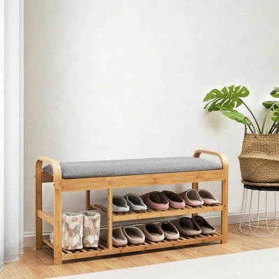 Natural Bamboo 3-Tier Shoe Bench with Gray Cushion