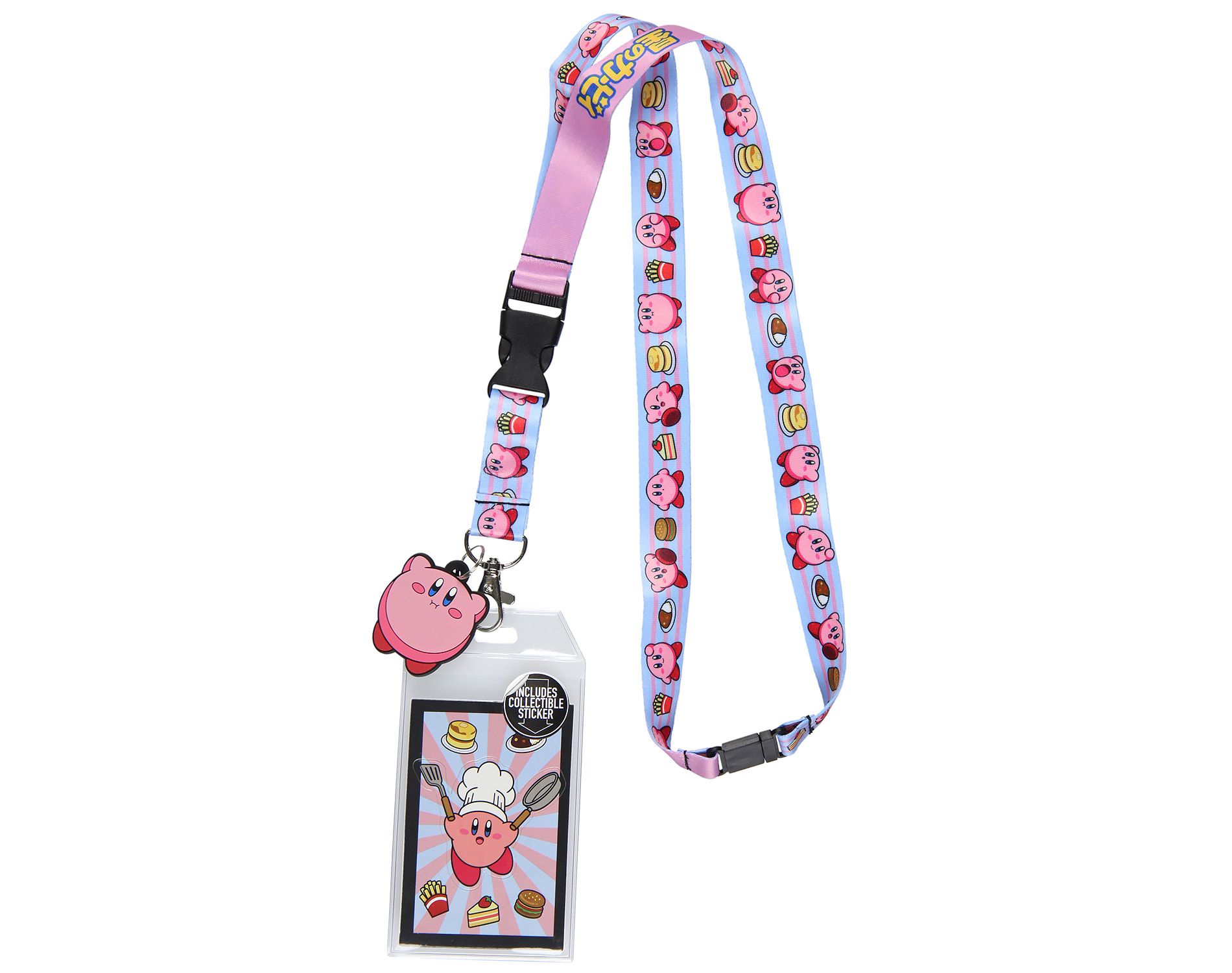Kirby Pink Hero Reversible ID Lanyard Badge Holder With Rubber Kirby Charm And Collectible Sticker Multicoloured