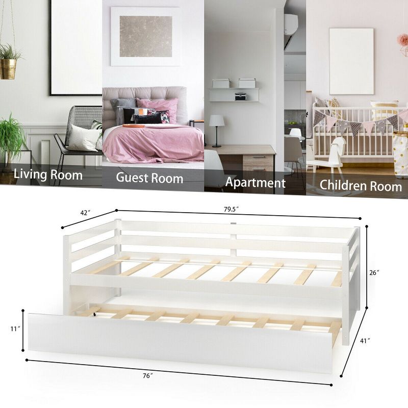 Costway Twin Size Trundle Daybed Wooden Slat Support Mattress Platform for Kids EspressoWhite, 4 of 11