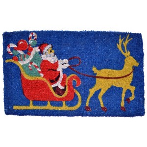 HomeRoots 18" X 30" Blue and Yellow Coir Santa Claus Outdoor Holiday Door Mat - 1 of 4
