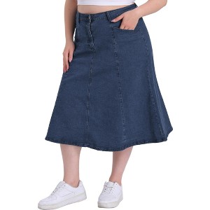 Agnes Orinda Women's Plus Size Vintage High Waist with Pocket Casual A-Line Midi Denim Jean Skirts - 1 of 4