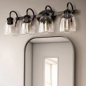 YANSUN 25.2 in. 4-Light Matte Black Modern Bathroom Vanity Light Mirror Wall Light with Black Accents and Seeded Glass Shade - 1 of 1