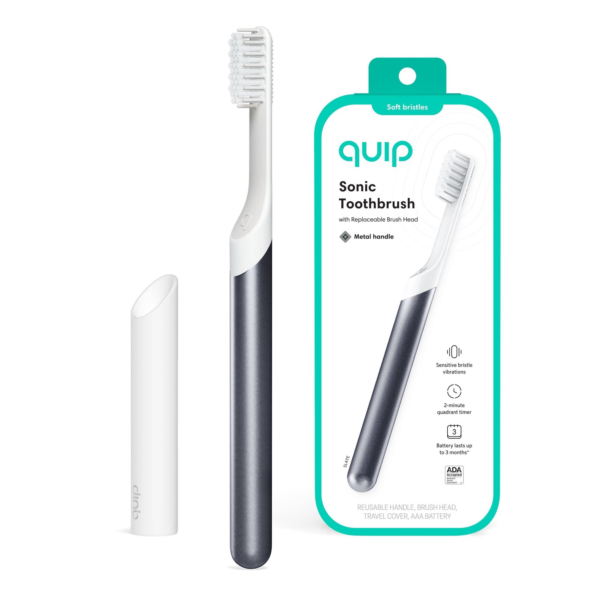 quip Sonic Electric Metal Toothbrush with Timer and Travel Cap