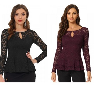 INSPIRE CHIC Women's Floral Lace Front Peplum Hem Keyhole Sheer Long Sleeve Blouse 2 Pieces - 1 of 4