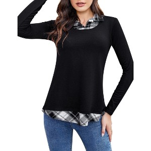 Clearlove Women's Casual Contrast Collar Shirt Long Sleeve Slim Fit Tunics Top - 1 of 4