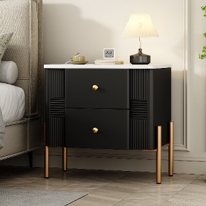 Lyngins Modern End Table with 2 Drawers, Minimalist Nightstand, Fluted Bedside Table with Golden Metal Handles and Legs, Side Table for Living Room - 1 of 4