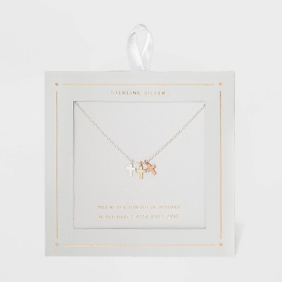 Sterling Silver Triple Cross Tri Tone Pendant Necklace - Silver