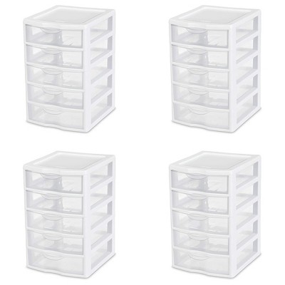 Sterilite Clearview Small Plastic 5 Drawer Desktop Storage System, White, 4 Pack