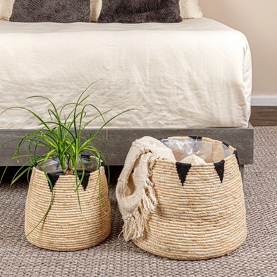 Round Handwoven Corn Leaf Basket Set with Black Accents