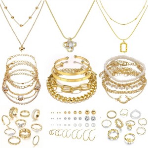 Gold Plated Jewelry Set for Women, 14K Layered Necklace Stackable Bracelets Rings & Earrings - 1 of 4