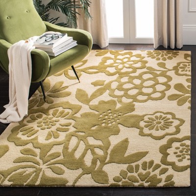 Handmade Beige and Green Wool Viscose Tufted Area Rug, 5'x8'