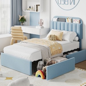 Twin/Full/Queen Bed Frame with Bookcase Headboard and 2 Drawers, Kids Bed Frame, Boucle Upholstered Platform Bed, No Box Spring Needed, Easy Assembly - 1 of 4