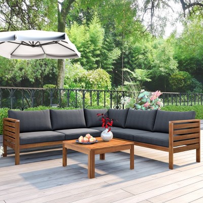Outdoor L-Shaped Sectional Sofa, Acacia Wood Patio Couch Set with Cushions and Coffee Table, Corner Garden Sofa – Cuddlewood