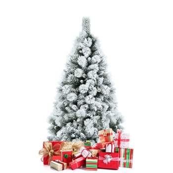 Tangkula 5FT Hinged Slim Artificial Xmas Tree, Snow-Flocked Pencil Christmas Tree W/ 470 Branch Tips