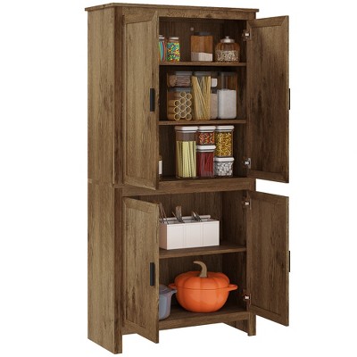 HOMCOM 64" 4-Door Kitchen Pantry, Freestanding Storage Cabinet with 3 Adjustable Shelves for Kitchen, Dining or Living Room, Oak