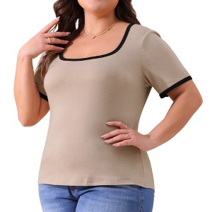 Agnes Orinda Women's Plus Size Color Block Square Neck Short Sleeve Slim Fit Knit Casual T-Shirt - 1 of 4