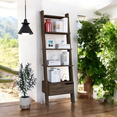 Alilang 15.35 Inch Ladder Bookshelf with Storage Drawer and Wooden Shelves - Brown