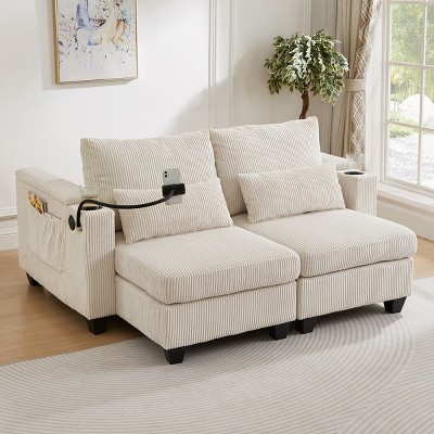 63" Convertible Corduroy Sleeper Loveseat Sofa with USB Ports,Cup Holders,Storage Armrests and Pillows–Maison Boucle