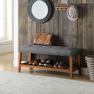 GDFStudio Isaac Button Tufted Fabric Upholstered Wood 40“ Bench with Shelf - 1 of 4