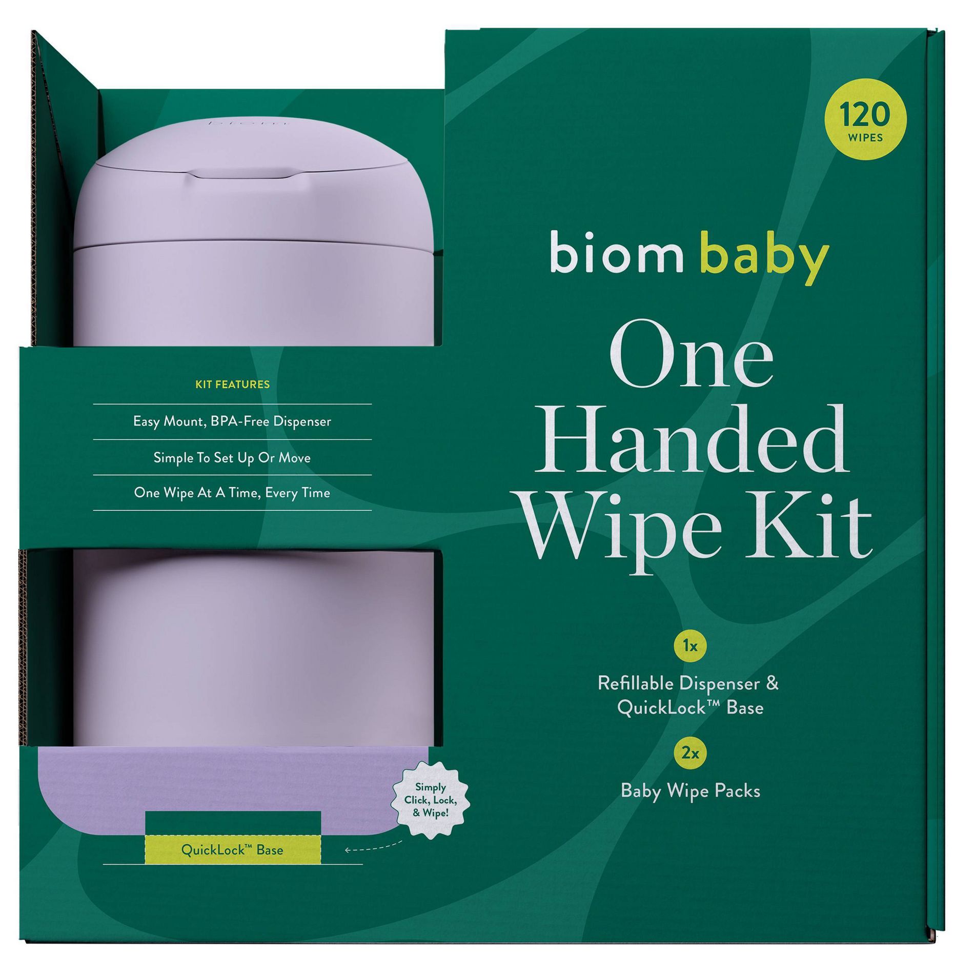 Biom 99% Water Hypoallergenic Baby Starter Kit - Lilac - Fragrance Free - 120ct: Refillable Container, Contains Aloe, Contains Vitamin E