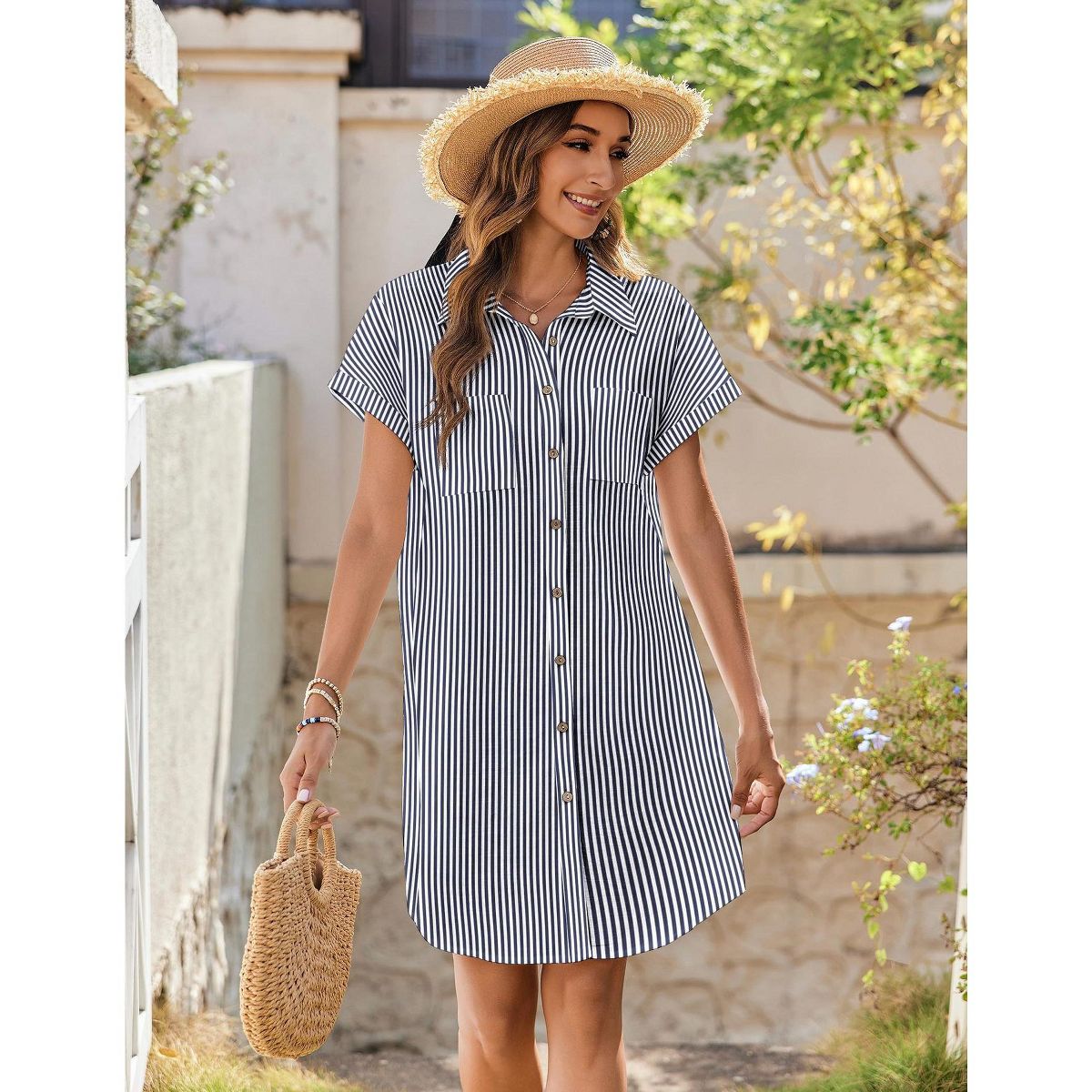Button Down Shirtsdress for Women Summer 2025 Short Sleeve Shift Dress Striped Shirt Dress Cap Sleeve Mini Casual Sundress with Chest Pocekts - thumbnail 3