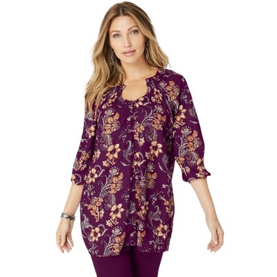 Roaman's Women's Plus Size Ruffle Neck Boho Blouse.