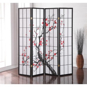 Black Japanese 4-Panel Screen Room Divider, Plum Blossom - 1 of 4