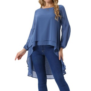 Seta T Women's Lantern Long Sleeve Round Neck High Low Irregular Hem Casual Blouse - 1 of 4