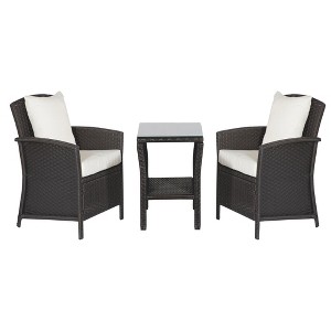 Coaster Home Furnishings Malibu 3 Piece Curved Wicker Outdoor Patio and Deck Bistro Set with 2 Chairs, End Table, and 2 White Seat Cushions, Brown - 1 of 1